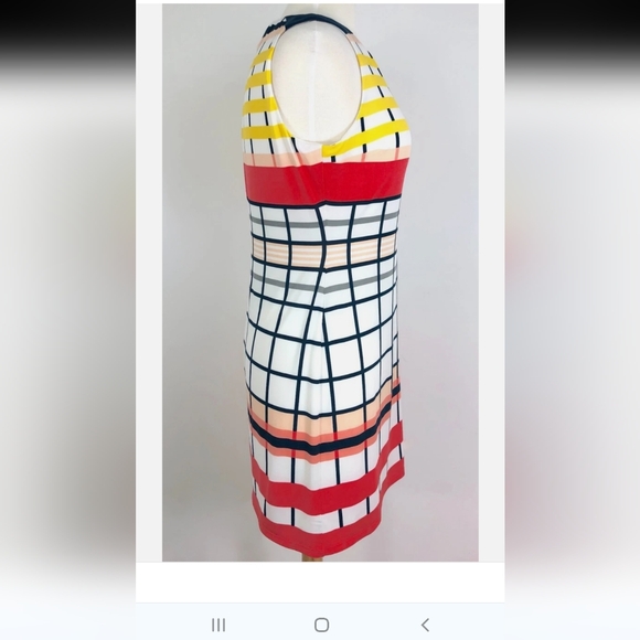 Donna Morgan Colorful Striped, Side Pleated Sleeveless Dress - Picture 4 of 7